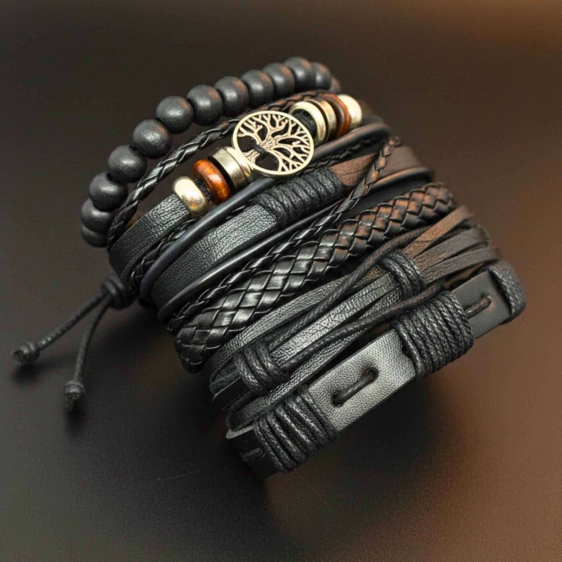 MIDNIGHT LIFETREE - Black 6 Pcs Genuine Leather Adjustable Bracelet Set for Men & Boys (8 inch) - THE MEN THING