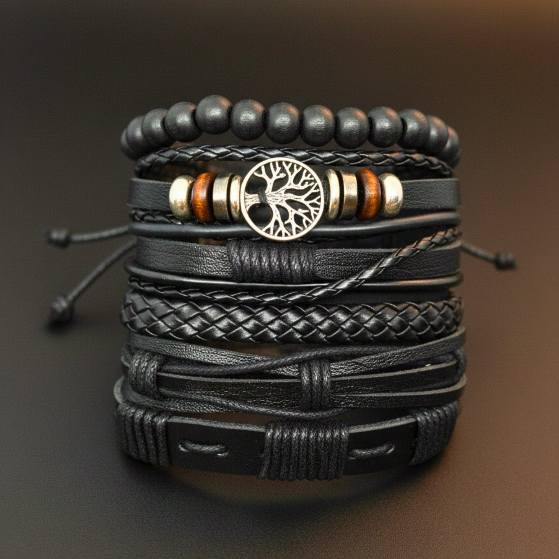 MIDNIGHT LIFETREE - Black 6 Pcs Genuine Leather Adjustable Bracelet Set for Men & Boys (8 inch) - THE MEN THING
