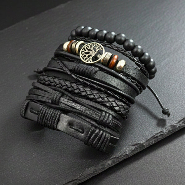 MIDNIGHT LIFETREE - Black 6 Pcs Genuine Leather Adjustable Bracelet Set for Men & Boys (8 inch)