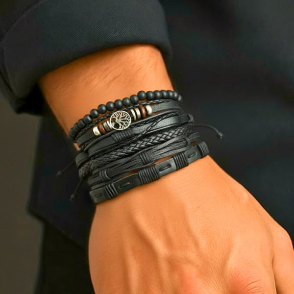 MIDNIGHT LIFETREE - Black 6 Pcs Genuine Leather Adjustable Bracelet Set for Men & Boys (8 inch)