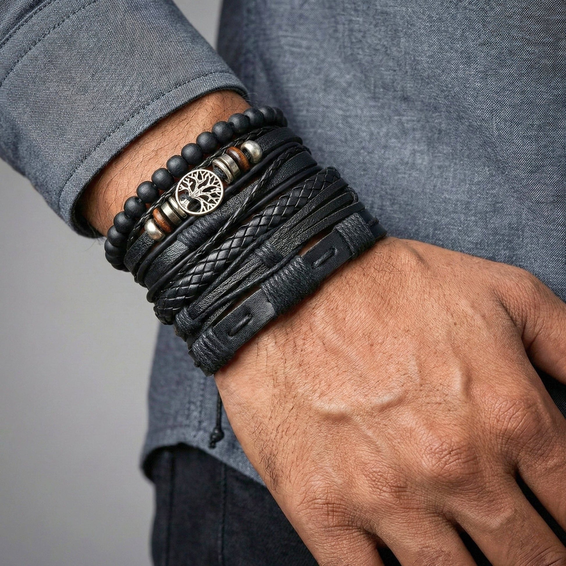 MIDNIGHT LIFETREE - Black 6 Pcs Genuine Leather Adjustable Bracelet Set for Men & Boys (8 inch) - THE MEN THING
