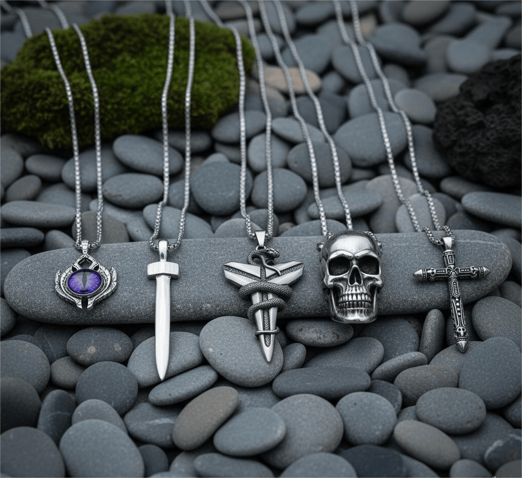 MIDNIGHT TALISMAN Collector's 5-Piece Men’s Pendant Set – BLACK MAMBA, PURPLE-EYE PROTECT, SILVER NAILS, SKULL HARD, & RED INDIAN CROSS Necklaces on 24 Inch Stainless Steel Chain for Mens and Boys - THE MEN THING