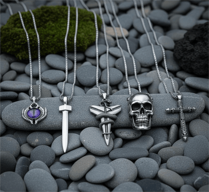 MIDNIGHT TALISMAN Collector's 5-Piece Men’s Pendant Set – BLACK MAMBA, PURPLE-EYE PROTECT, SILVER NAILS, SKULL HARD, & RED INDIAN CROSS Necklaces on 24 Inch Stainless Steel Chain for Mens and Boys - THE MEN THING