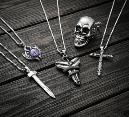 MIDNIGHT TALISMAN Collector's 5-Piece Men’s Pendant Set – BLACK MAMBA, PURPLE-EYE PROTECT, SILVER NAILS, SKULL HARD, & RED INDIAN CROSS Necklaces on 24 Inch Stainless Steel Chain for Mens and Boys - THE MEN THING