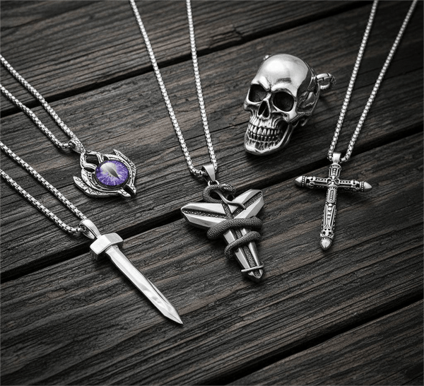 MIDNIGHT TALISMAN Collector's 5-Piece Men’s Pendant Set – BLACK MAMBA, PURPLE-EYE PROTECT, SILVER NAILS, SKULL HARD, & RED INDIAN CROSS Necklaces on 24 Inch Stainless Steel Chain for Mens and Boys