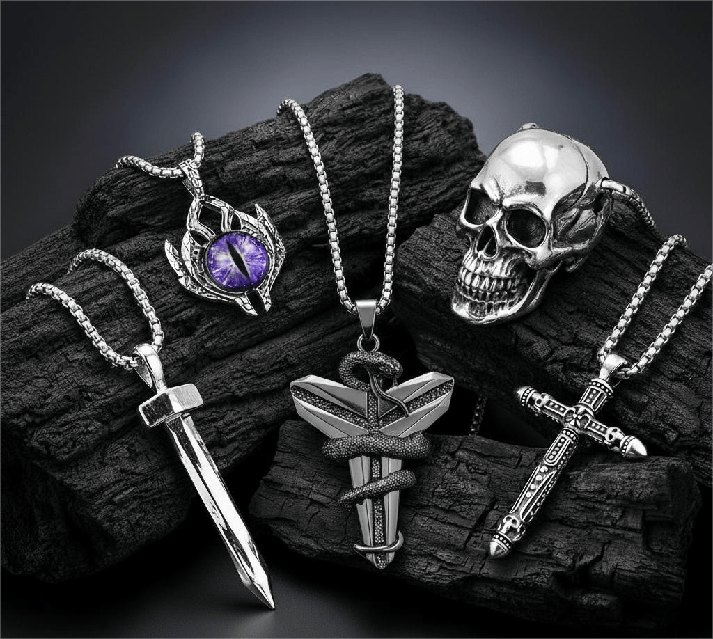 MIDNIGHT TALISMAN Collector's 5-Piece Men’s Pendant Set – BLACK MAMBA, PURPLE-EYE PROTECT, SILVER NAILS, SKULL HARD, & RED INDIAN CROSS Necklaces on 24 Inch Stainless Steel Chain for Mens and Boys - THE MEN THING