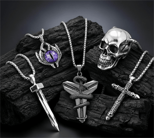MIDNIGHT TALISMAN Collector's 5-Piece Men’s Pendant Set – BLACK MAMBA, PURPLE-EYE PROTECT, SILVER NAILS, SKULL HARD, & RED INDIAN CROSS Necklaces on 24 Inch Stainless Steel Chain for Mens and Boys - THE MEN THING