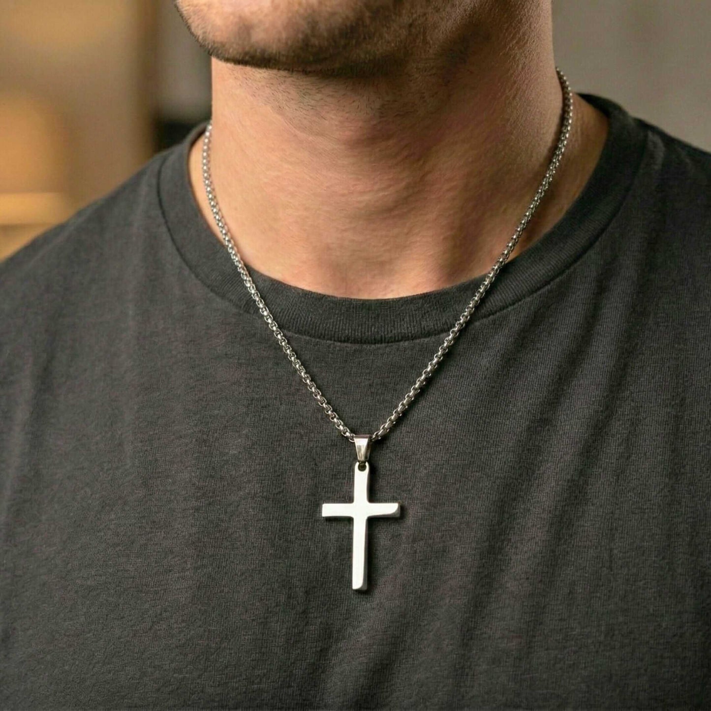 MINIMALIST HOLY CROSS - 27mm Pure Titanium Steel Pendant with 23inch Round Box 3mm Chain for Men & Boys — SS Pendant/ Necklace for Men | THE MEN THING
