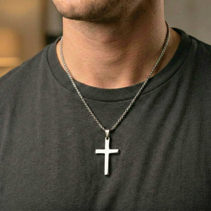 MINIMALIST HOLY CROSS - 27mm Pure Titanium Steel Pendant with 23inch Round Box 3mm Chain for Men & Boys — SS Pendant/ Necklace for Men | THE MEN THING
