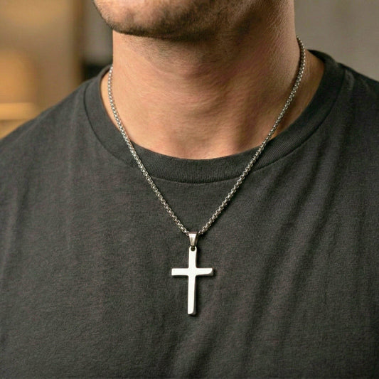 MINIMALIST HOLY CROSS - 27mm Pure Titanium Steel Pendant with 23inch Round Box 3mm Chain for Men & Boys - THE MEN THING