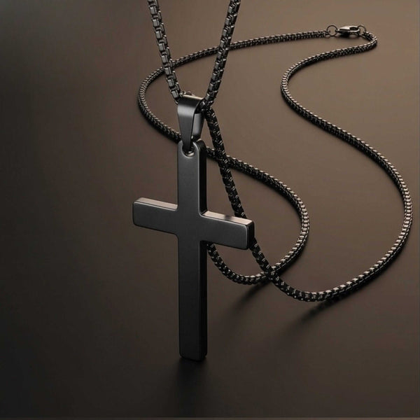 MINIMALIST HOLY CROSS - BLACK - 27mm Pure Titanium Steel Pendant with 23inch Round Box 4mm Chain for Men & Boys