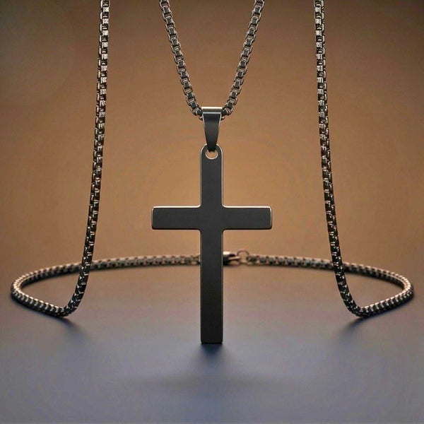 MINIMALIST HOLY CROSS - BLACK - 27mm Pure Titanium Steel Pendant with 23inch Round Box 4mm Chain for Men & Boys