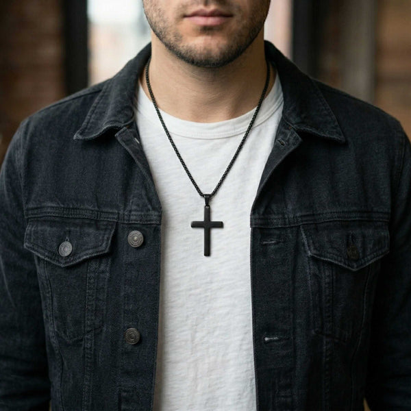 MINIMALIST HOLY CROSS - BLACK - 27mm Pure Titanium Steel Pendant with 23inch Round Box 4mm Chain for Men & Boys