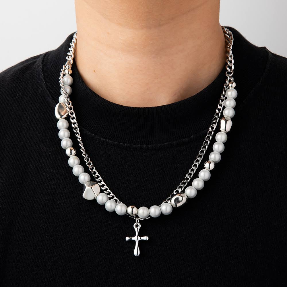 MIRE SERENITY - Two Layer Necklace with Titanium Steel Chain &  Fusion Cuban Pearls & Cross Pendant - Size 18inch - THE MEN THING