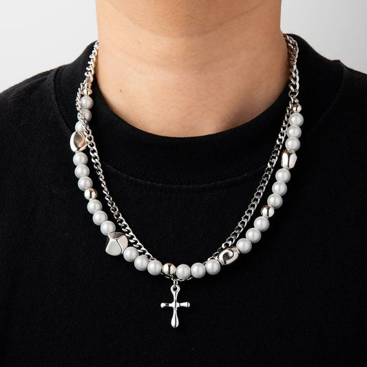 MIRE SERENITY - Two Layer Necklace with Titanium Steel Chain &  Fusion Cuban Pearls & Cross Pendant - Size 18inch - THE MEN THING