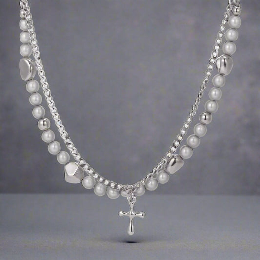 MIRE SERENITY - Two Layer Necklace with Titanium Steel Chain &  Fusion Cuban Pearls & Cross Pendant - Size 18inch - THE MEN THING