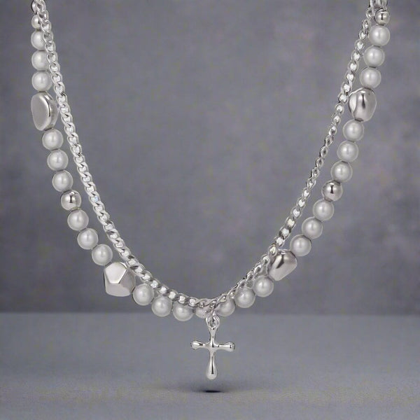 MIRE SERENITY - Two Layer Necklace with Titanium Steel Chain &  Fusion Cuban Pearls & Cross Pendant - Size 18inch