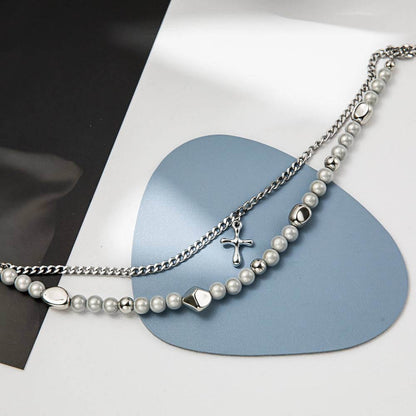 MIRE SERENITY - Two Layer Necklace with Titanium Steel Chain &  Fusion Cuban Pearls & Cross Pendant - Size 18inch - THE MEN THING