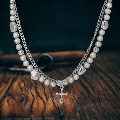 MIRE SERENITY - Two Layer Necklace with Titanium Steel Chain &  Fusion Cuban Pearls & Cross Pendant - Size 18inch - THE MEN THING