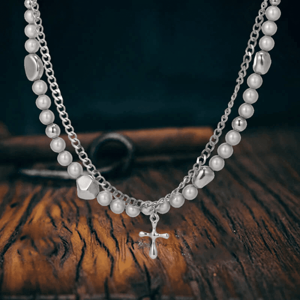 MIRE SERENITY - Two Layer Necklace with Titanium Steel Chain &  Fusion Cuban Pearls & Cross Pendant - Size 18inch