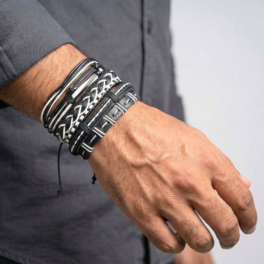 MONOCHROME - 6 Pcs Genuine Leather Adjustable Bracelet Set for Men & Boys (8 inch) - THE MEN THING