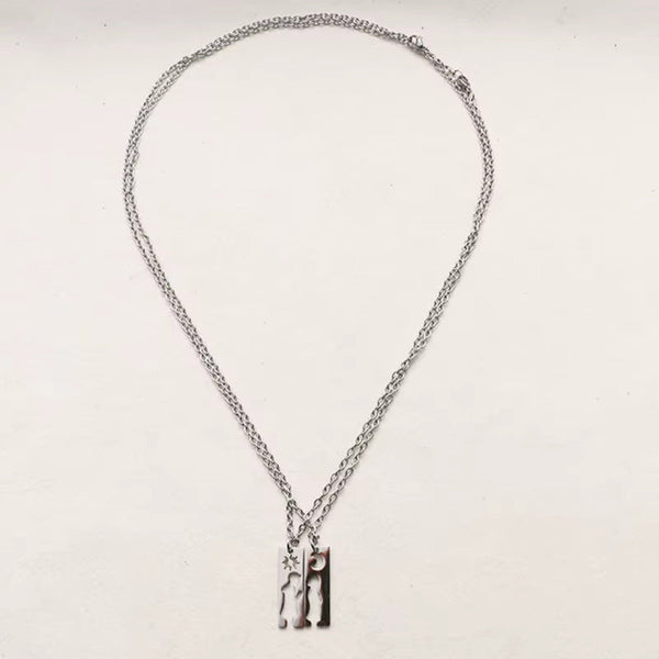 MOON & HEART DUO - Pure Titanium Steel Bar Pendant with 19inch Cuban Chain for Men & Boys