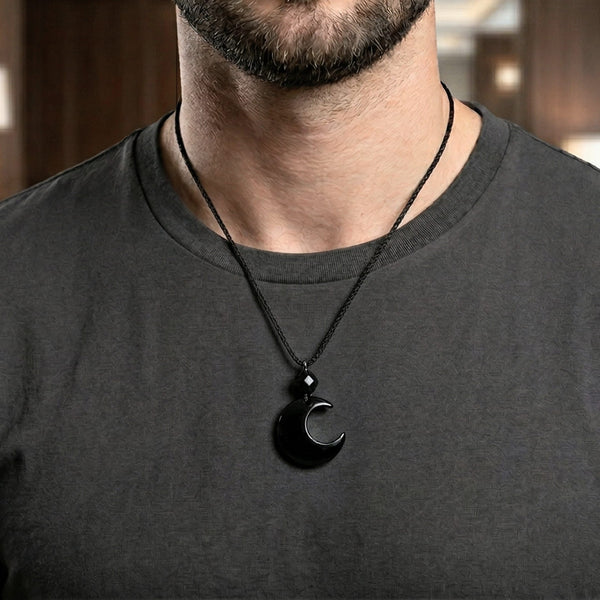 MOONARA BLACK - 26mm Pendant with Adjustable Pure Leather Cord Necklace for Men & Boys