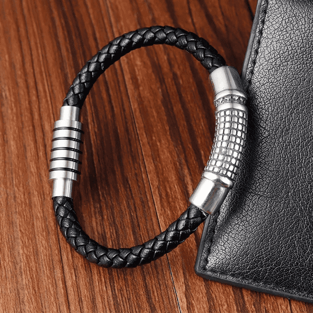 MYSTIQUE BRAID BLACK - American Style Genuine Leather Bracelet with Stainless Steel Charm Magnetic Buckle for Men & Boy (8 inch) — Leather Bracelet for Men | THE MEN THING