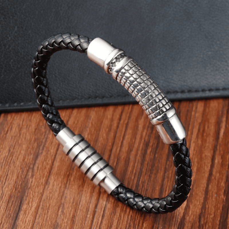 MYSTIQUE BRAID BLACK - American Style Genuine Leather Bracelet with Stainless Steel Charm Magnetic Buckle for Men & Boy (8 inch) — Leather Bracelet for Men | THE MEN THING