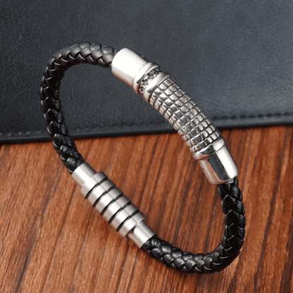 MYSTIQUE BRAID BLACK - American Style Genuine Leather Bracelet with Stainless Steel Charm Magnetic Buckle for Men & Boy (8 inch) — Leather Bracelet for Men | THE MEN THING