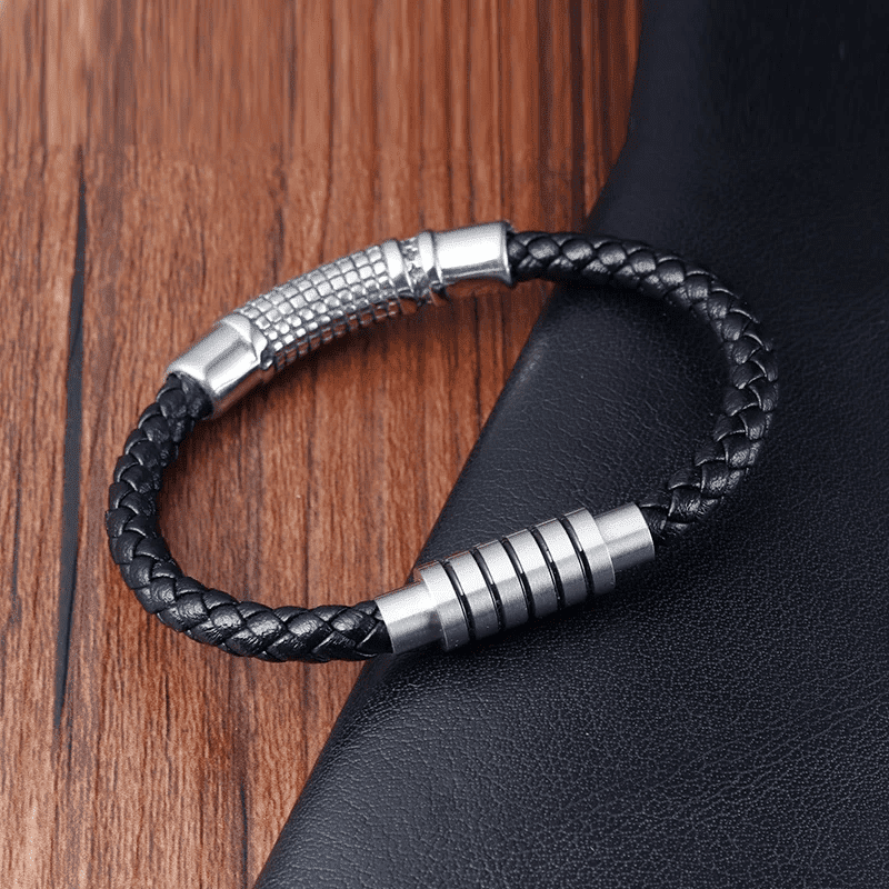 MYSTIQUE BRAID BLACK - American Style Genuine Leather Bracelet with Stainless Steel Charm Magnetic Buckle for Men & Boy (8 inch) — Leather Bracelet for Men | THE MEN THING