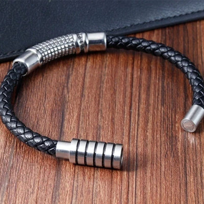 MYSTIQUE BRAID BLACK - American Style Genuine Leather Bracelet with Stainless Steel Charm Magnetic Buckle for Men & Boy (8 inch) — Leather Bracelet for Men | THE MEN THING