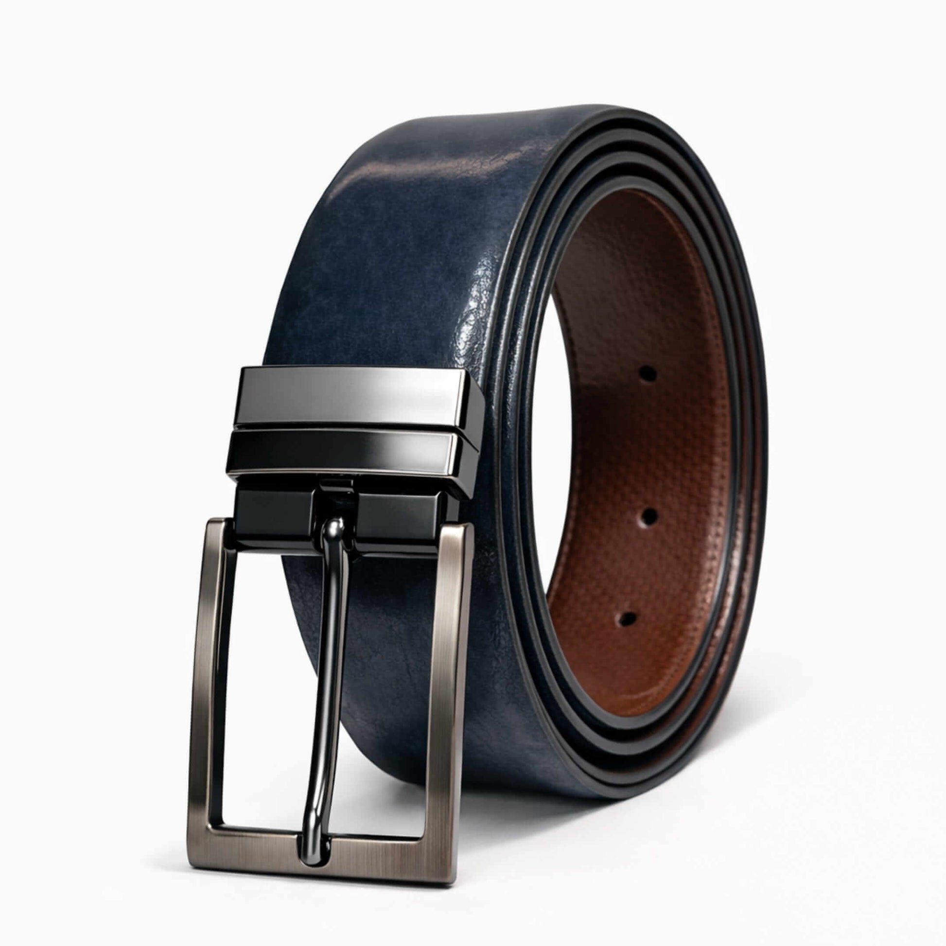 Mens 100% Genuine Leather Belt - AURION Smooth Navy Finish (BLUE & Brown Reversible) — Leather Belts for Men | THE MEN THING