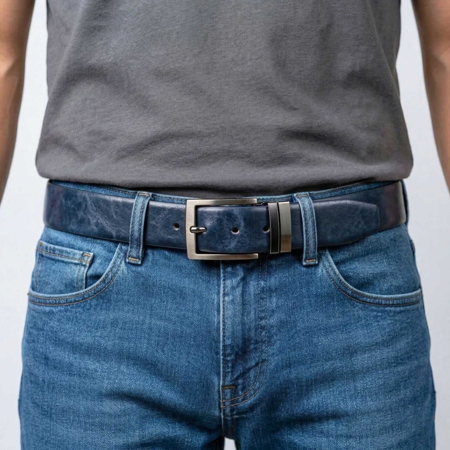Mens 100% Genuine Leather Belt - AURION Smooth Navy Finish (BLUE & Brown Reversible) — Leather Belts for Men | THE MEN THING