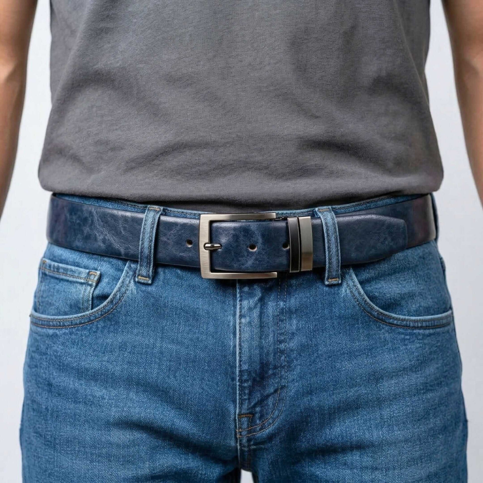 Mens 100% Genuine Leather Belt - AURION Smooth Navy Finish (BLUE & Brown Reversible) — Leather Belts for Men | THE MEN THING