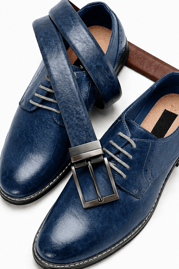 Mens 100% Genuine Leather Belt - AURION Smooth Navy Finish (BLUE & Brown Reversible)