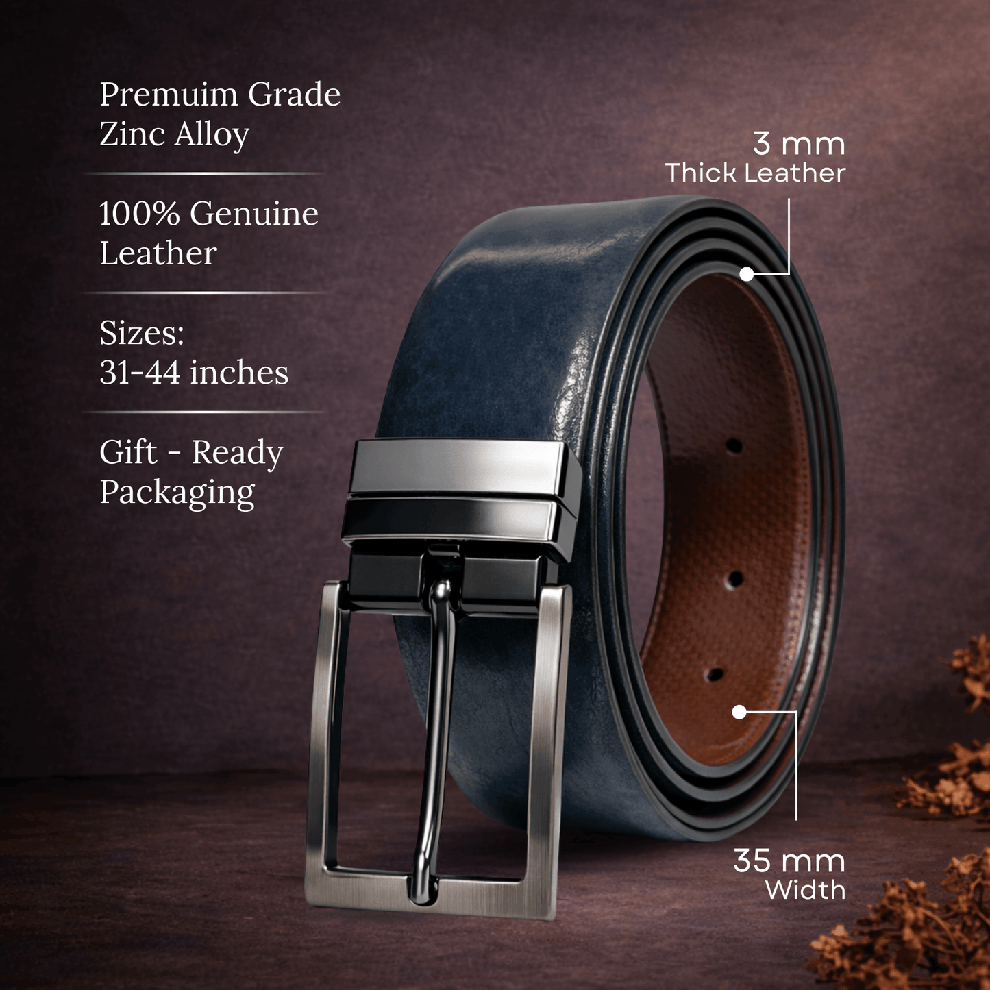 Mens 100% Genuine Leather Belt - AURION Smooth Navy Finish (BLUE & Brown Reversible) — Leather Belts for Men | THE MEN THING