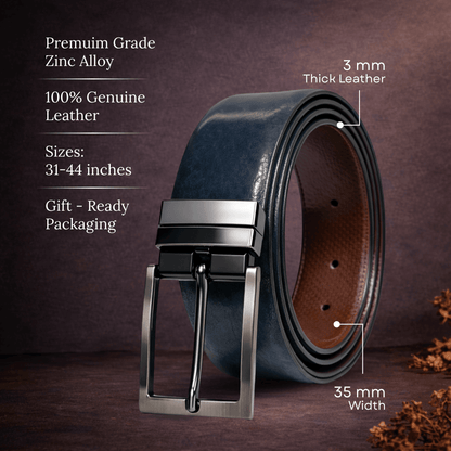 Mens 100% Genuine Leather Belt - AURION Smooth Navy Finish (BLUE & Brown Reversible) — Leather Belts for Men | THE MEN THING