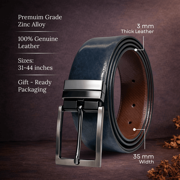 Mens 100% Genuine Leather Belt - AURION Smooth Navy Finish (BLUE & Brown Reversible)