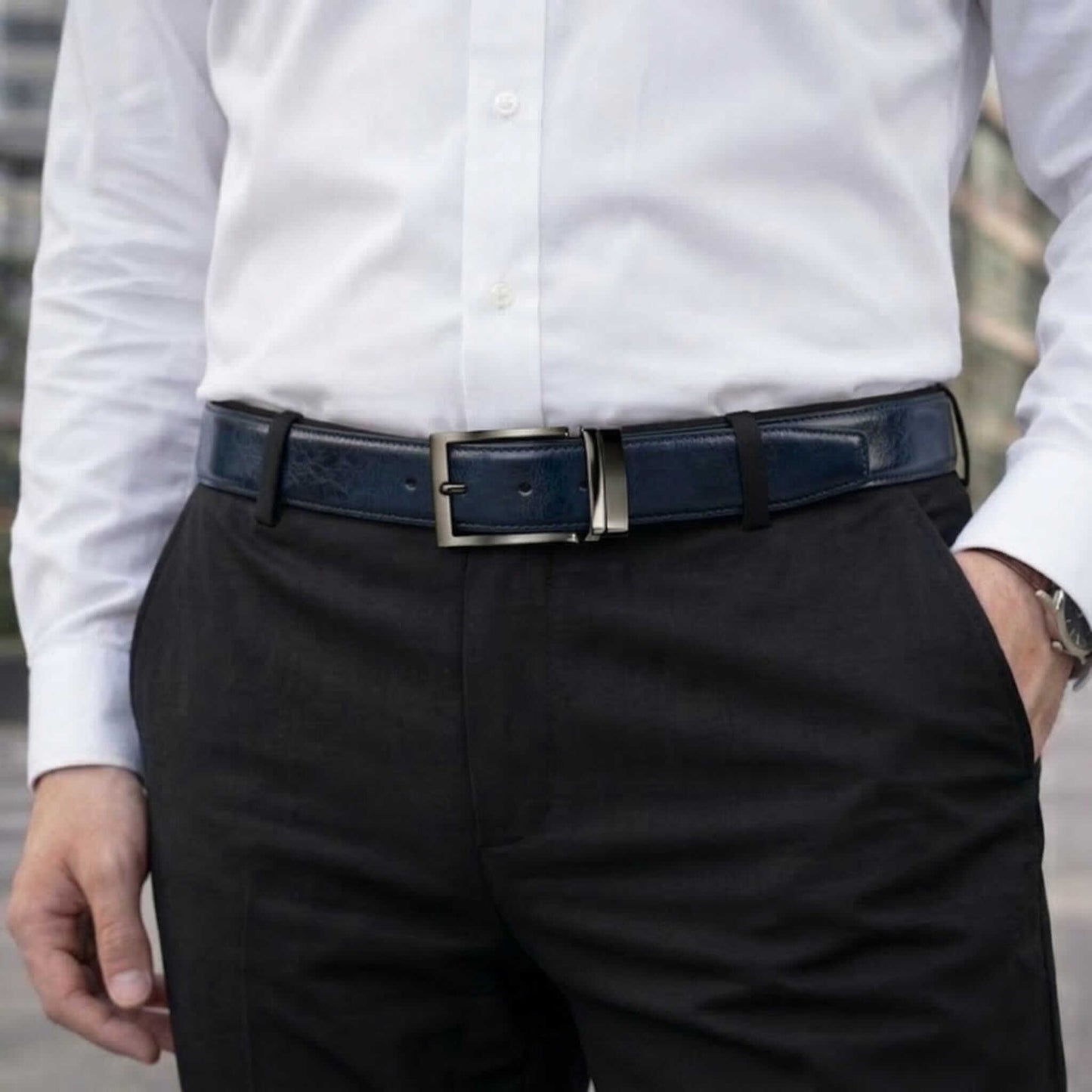 Mens 100% Genuine Leather Belt - AURION Smooth Navy Finish (BLUE & Brown Reversible) — Leather Belts for Men | THE MEN THING