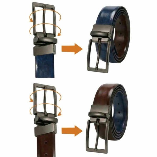 Mens 100% Genuine Leather Belt - AURION Smooth Navy Finish (BLUE & Brown Reversible)
