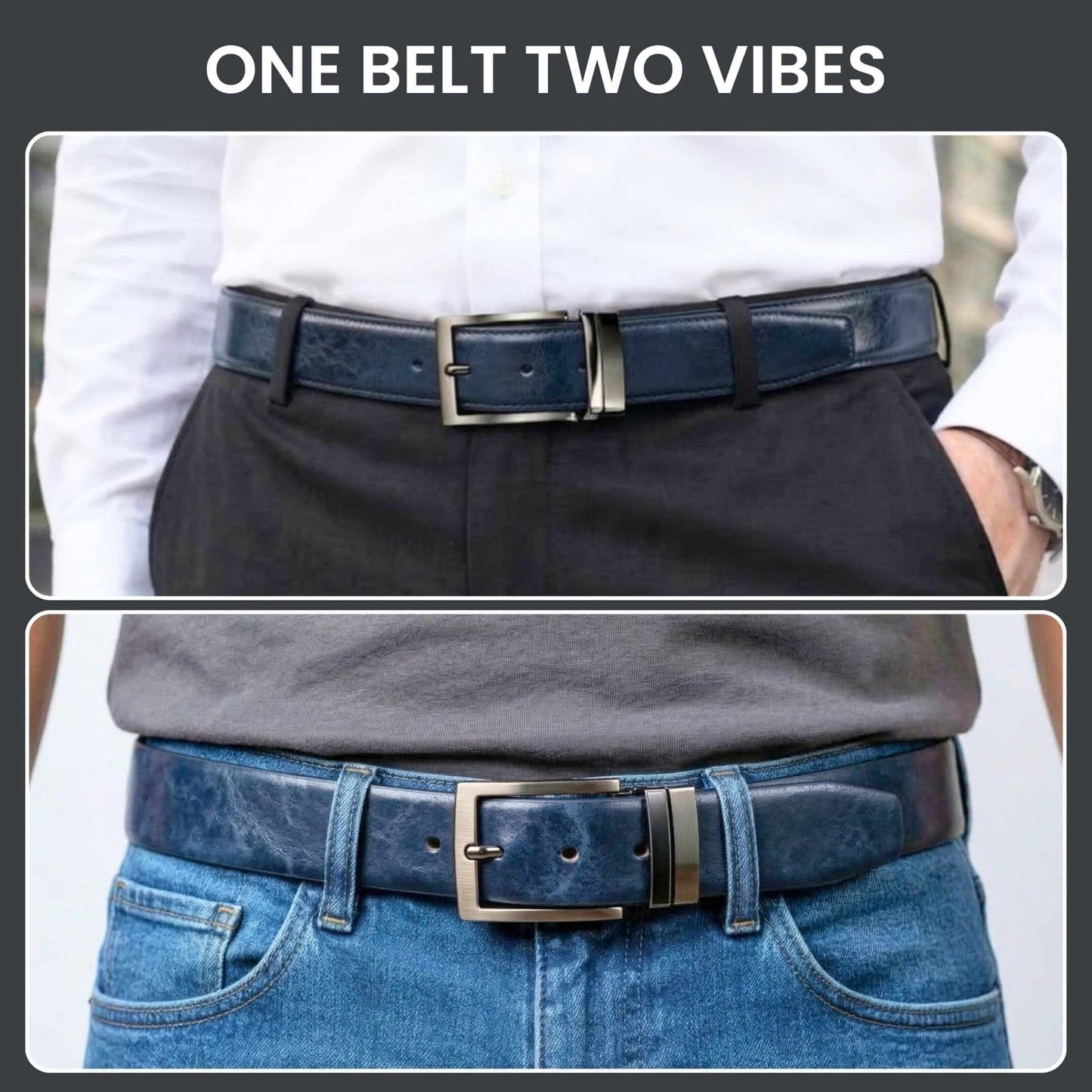 Mens 100% Genuine Leather Belt - AURION Smooth Navy Finish (BLUE & Brown Reversible) — Leather Belts for Men | THE MEN THING