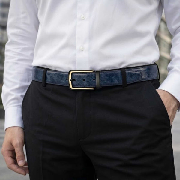 Mens 100% Genuine Leather Belt - AURONOX Smooth Navy Gold (BLUE & Brown Reversible)