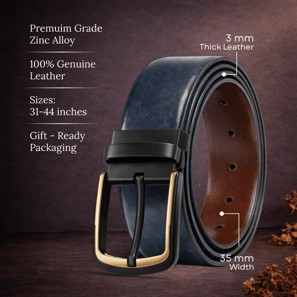 Mens 100% Genuine Leather Belt - AURONOX Smooth Navy Gold (BLUE & Brown Reversible)