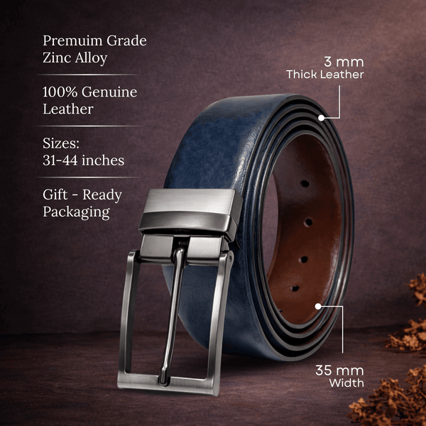 Mens 100% Genuine Leather Belt - BRAVEX Smooth Navy Finish (BLUE & Brown Reversible)