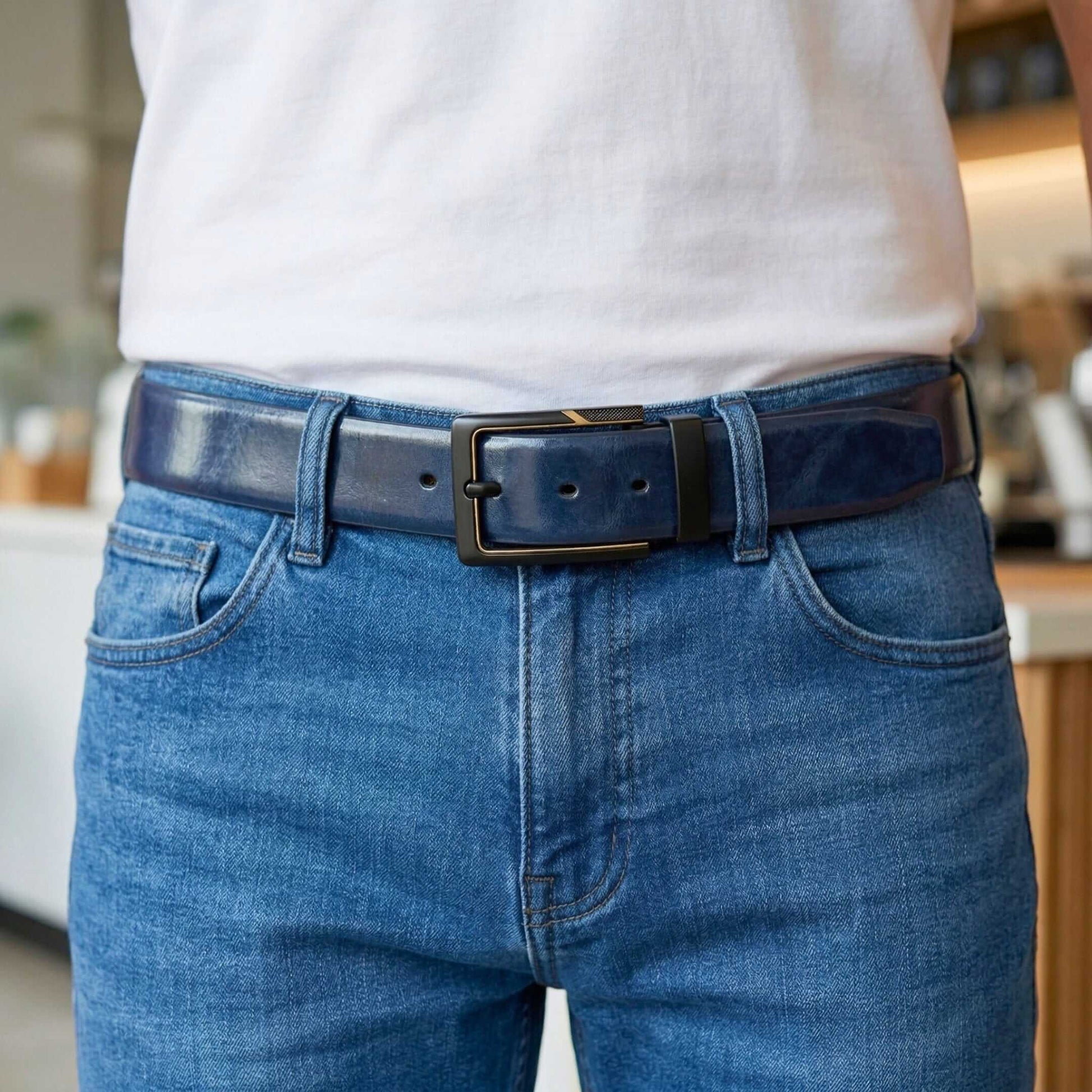 Mens 100% Genuine Leather Belt - NAVARO Smooth Navy Finish (BLUE & Brown Reversible) — Leather Belts for Men | THE MEN THING