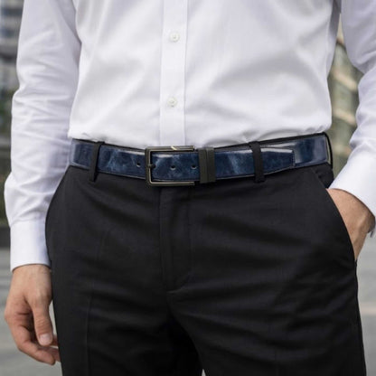 Mens 100% Genuine Leather Belt - NAVARO Smooth Navy Finish (BLUE & Brown Reversible) — Leather Belts for Men | THE MEN THING