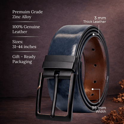 Mens 100% Genuine Leather Belt - NAVARO Smooth Navy Finish (BLUE & Brown Reversible) — Leather Belts for Men | THE MEN THING