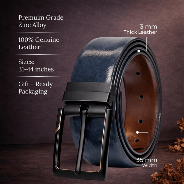 Mens 100% Genuine Leather Belt - NAVARO Smooth Navy Finish (BLUE & Brown Reversible)