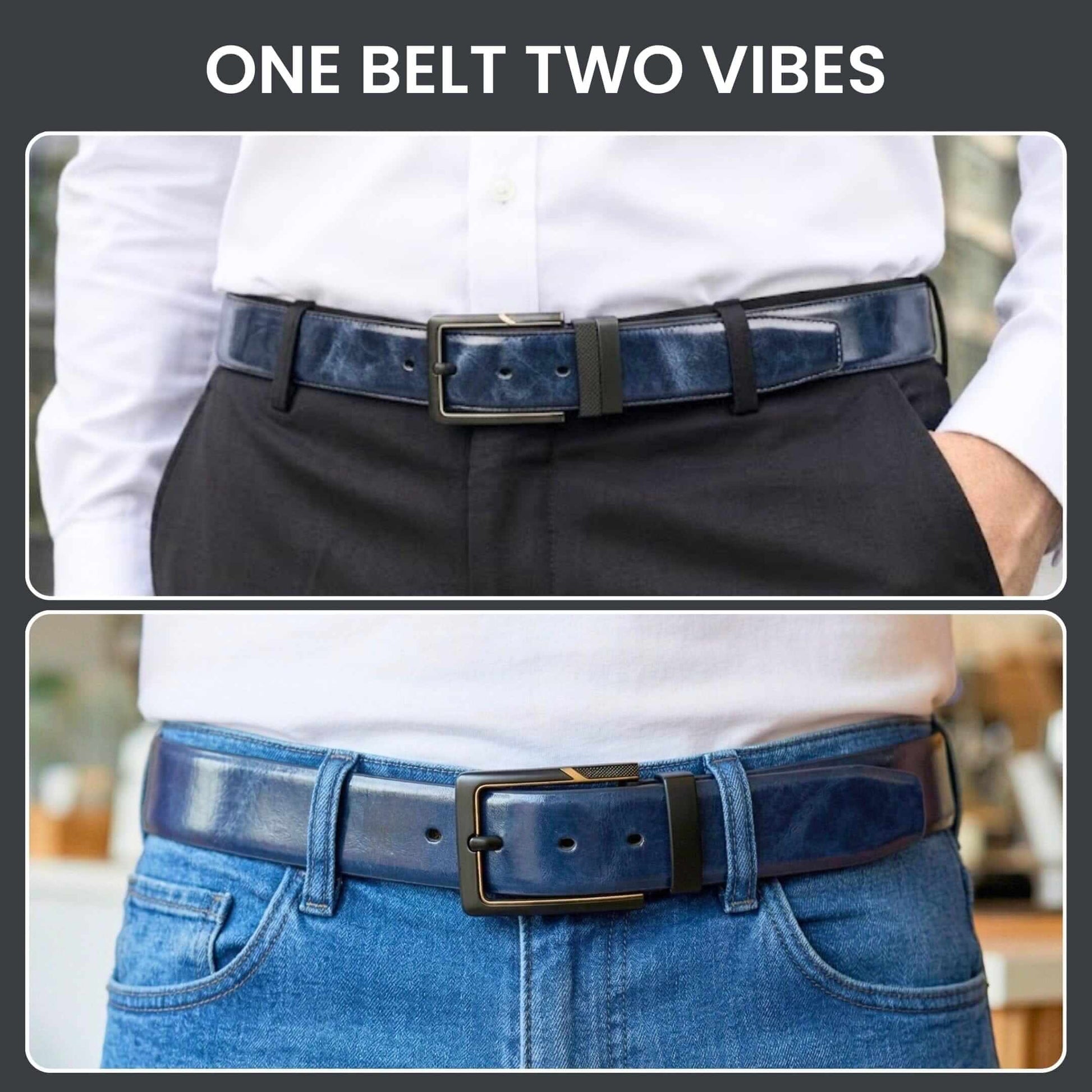 Mens 100% Genuine Leather Belt - NAVARO Smooth Navy Finish (BLUE & Brown Reversible) — Leather Belts for Men | THE MEN THING